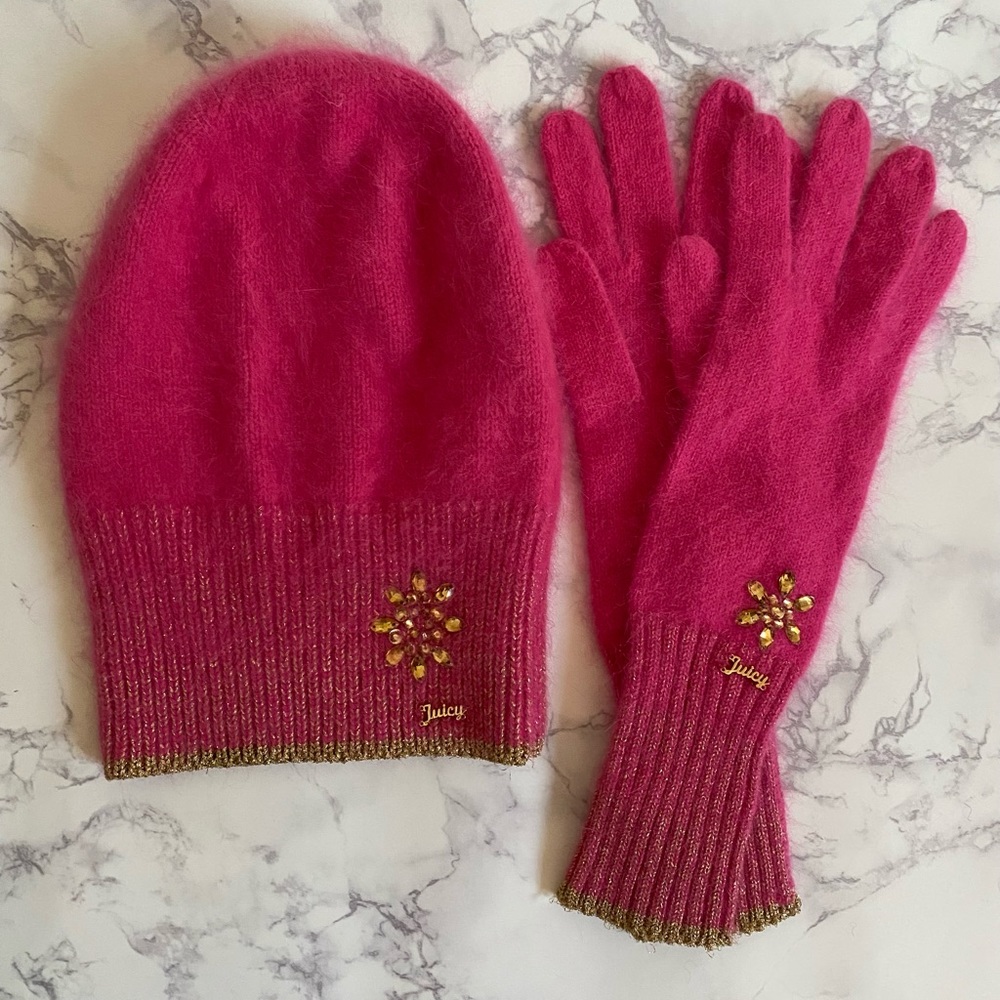 Juicy Couture hot pink cashmere hat and glove set